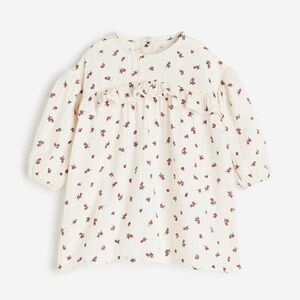 H&M Cream Floral Long-Sleeve Baby Dress with Red Rose Print